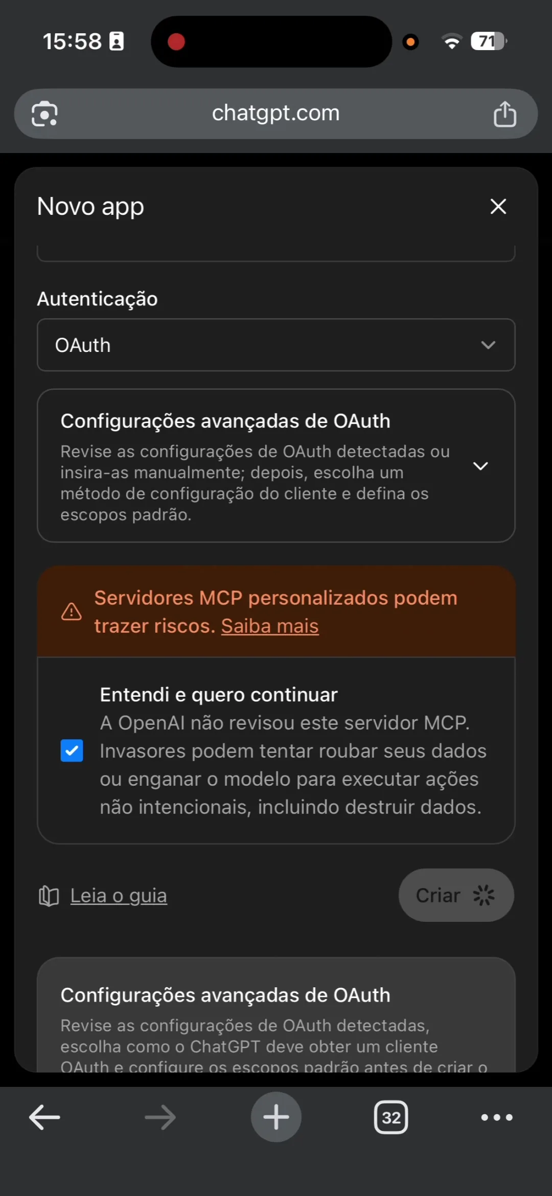 ChatGPT create connector modal with iZap name and MCP security warning