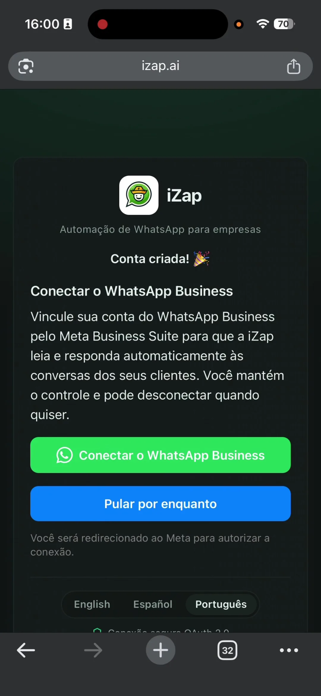 iZap OAuth authorization screen with WhatsApp Business connect option