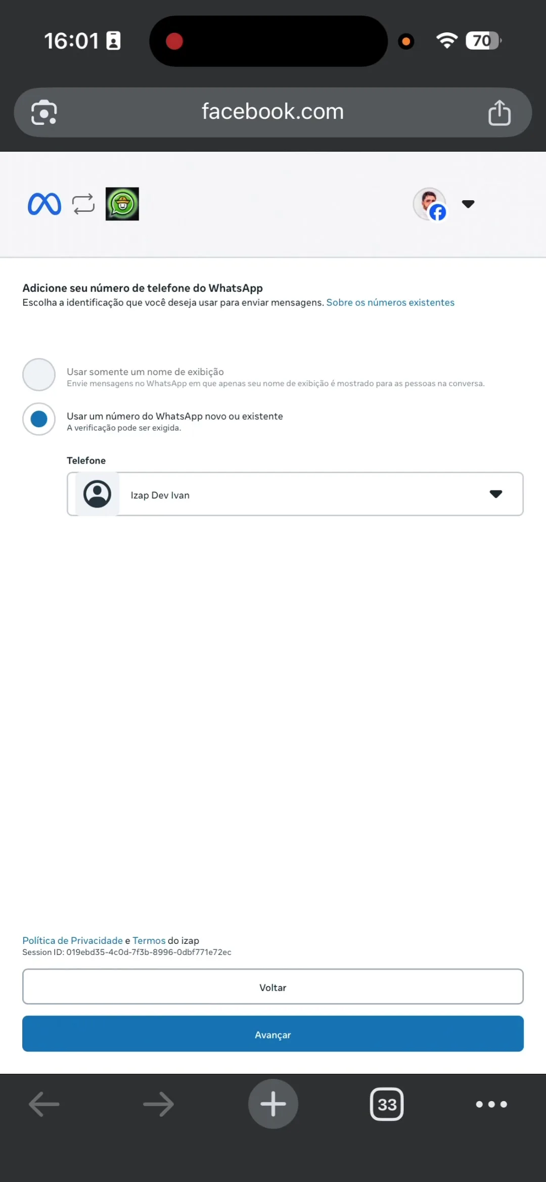 Meta page to select WhatsApp Business phone number