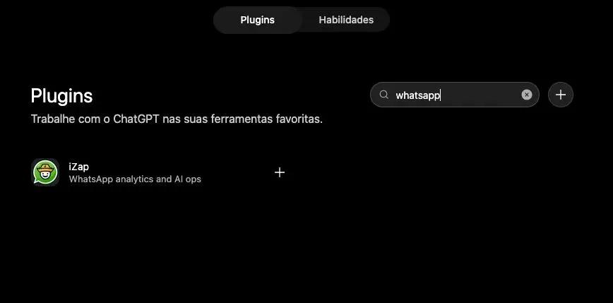 Búsqueda de whatsapp en la tienda de plugins mostrando la app iZap