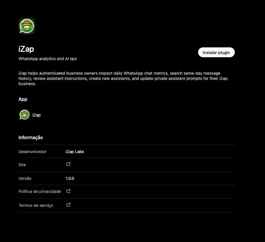 Página de detalles de iZap con el botón Instalar plugin