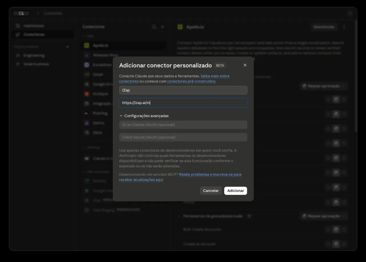Add custom connector modal with iZap MCP URL
