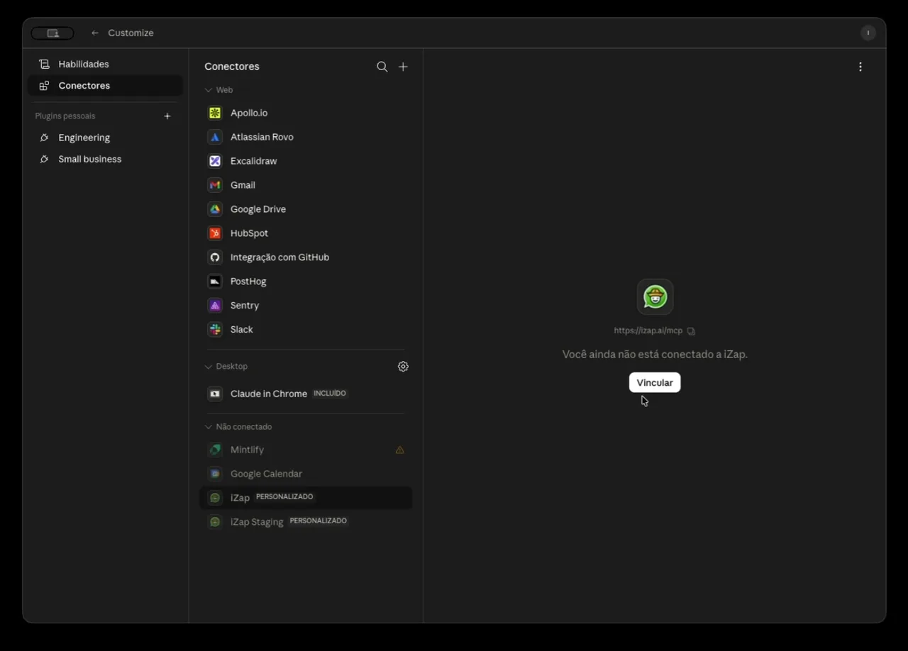 iZap connector connection status before linking